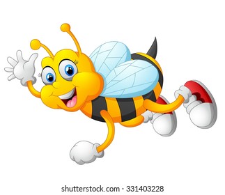 Cartoon bee waving hand isolated on white background