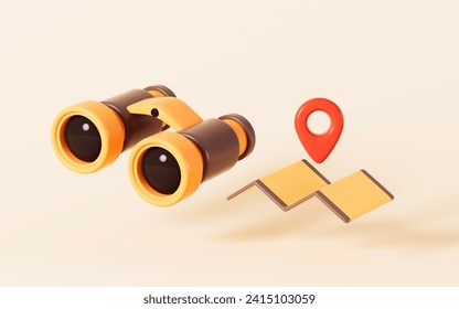 Cartoon binoculars and map, 3d rendering. 3d illustration.
