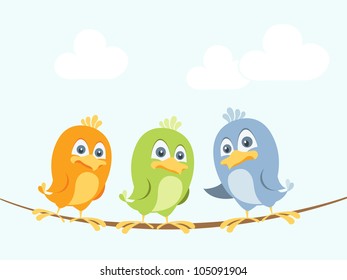 Cartoon Birds Chatting On A Wire