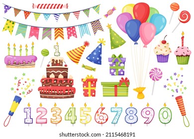 Cartoon birthday party decoration elements, cakes with candles. Colorful bunting flags, balloons, party hats, gift boxes, candies  set. Festival colorful objects for celebration - Powered by Shutterstock