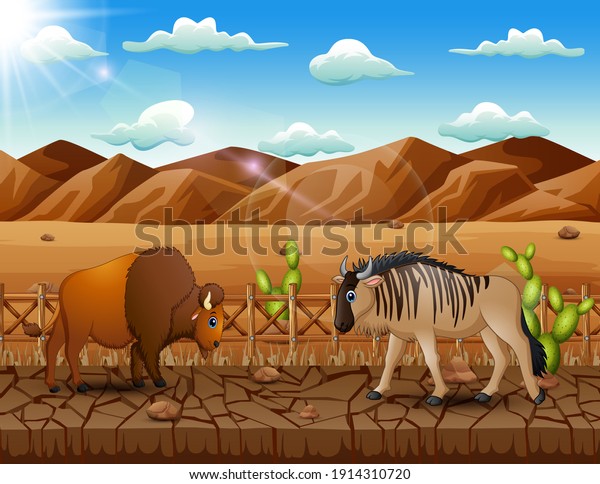 Cartoon a bison and wildebeest in the dry land landscape
