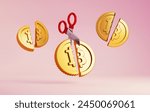 Cartoon Bitcoin coins cut in half by scissors on a colored background, concept of Halving, an event that occurs every four years and divides miners