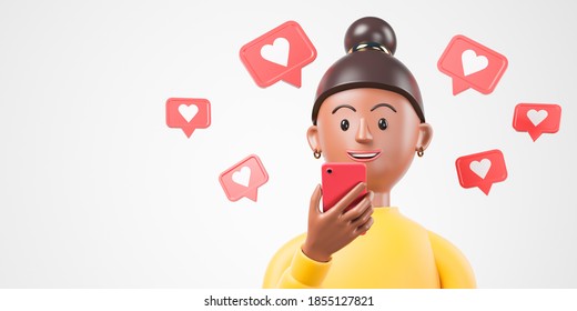 Cartoon black african american woman smile and hold red smartphone with like notifications flying around over white background. 3d render illustration - Powered by Shutterstock