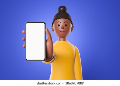 Cartoon black african american woman showing large smartphone with white blank screen over blue background. 3d render illustration - Powered by Shutterstock