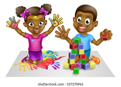 Cartoon Black Boy And Girl Playing With Toys, With Paints And Toy Building Blocks