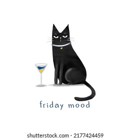 Cartoon Black Cat With A Glass Of Ukrainian Martini And The Inscription 