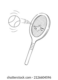 Cartoon Black And White Illustration Of A Tennis Ball And Racket, Vertical Orientation. You Can Print It On Standard 8.5x11 Inch Paper