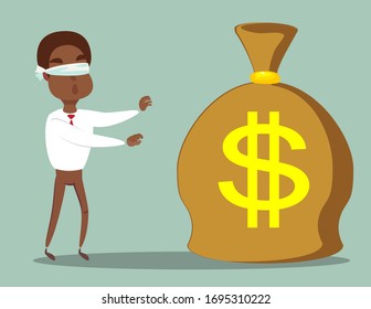 Cartoon Blind Black African American Businessmen Is Can Not Find Money Lying On The Ground.  Illustration On Finding Easy Money And Get-rich-quick Concept.