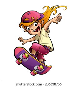 Cartoon Blonde Girl Dressed On Pink Clothes And Cap With Skateboard 