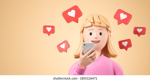 Cartoon blonde woman smile and hold  smartphone with like notifications flying around over yellow background. 3d render illustration