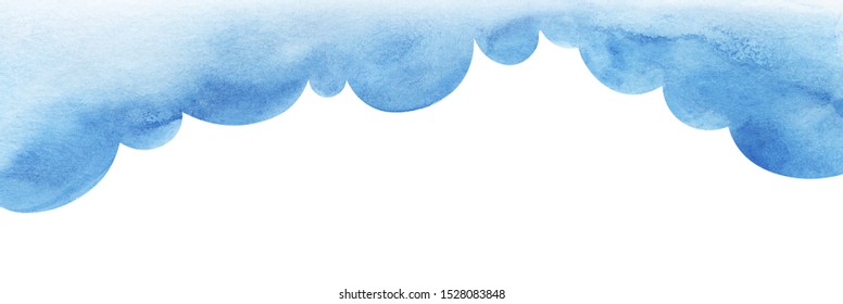 Cartoon Blue Cumulus Cloud Illustration. Cloud Shaped Background. Watercolor Fill Gradient From Pale To Saturated From Bright To Light. Abstract Sky. Border Page Template Hand Drawn Isolated On White