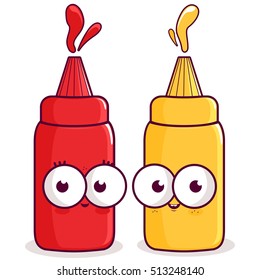 Cartoon Bottles Of Ketchup And Mustard Characters.