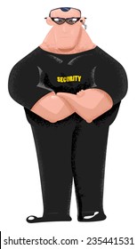 A Cartoon bouncer or security guard with black clothing and earpiece.