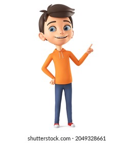 Cartoon boy character in an orange sweatshirt points his finger at an empty spot. 3d render illustration.