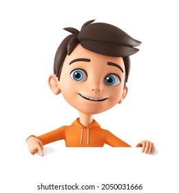 Cartoon boy character in an orange sweatshirt points his finger at a blank board. 3d render illustration.