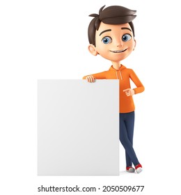 Cartoon boy character in orange sweatshirt points to blank board on white isolated background. 3d render illustration.