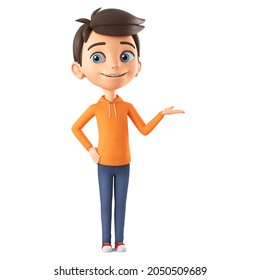 Cartoon boy character in orange sweatshirt holds copy space in the palm of his hand. 3d render illustration.