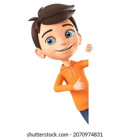 Cartoon boy character in orange sweatshirt showing thumb up peeking out from behind a blank board. 3d render illustration.