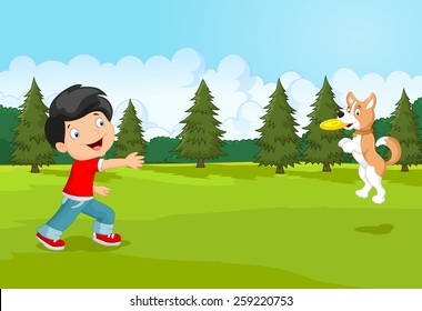 Cartoon Boy Playing Frisbee With His Dog