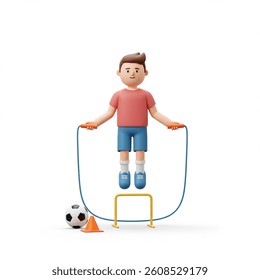 Cartoon boy practices skipping rope surrounded by sports equipment like cone and ball Use it for fitness or childhood fun.
