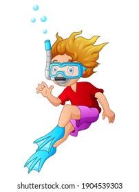 Cartoon A Boy With Snorkeling Gear On White Background