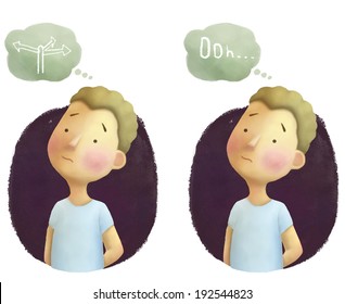 Cartoon boy thinking with bubble for text. Illustration. Doubts, suspicion situation.