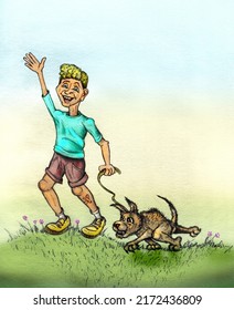 Cartoon Boy Walking His Dog 