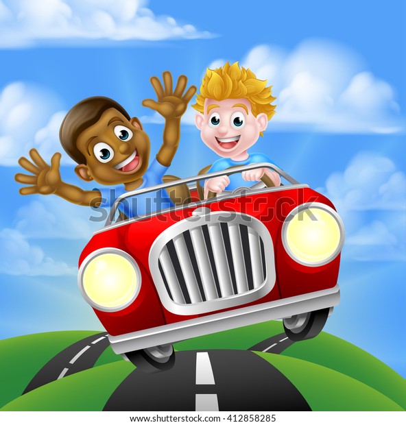 Cartoon boys, one black one white, having fun\
driving fast in a car on a road\
trip\