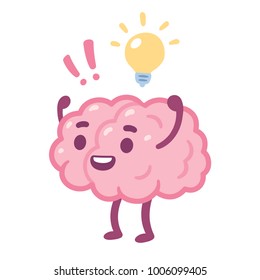 Cartoon brain with happy face and lightbulb, creative idea drawing. Cute brain character illustration.