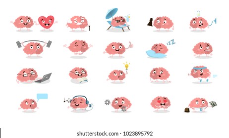 Cartoon brain set. All emotions and situations as exercising and reading, in love and angry.