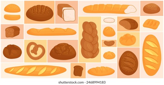 Cartoon bread and baguette from wheat and rye flour, fresh bun and bagel, slices and whole bread with crust in geometric collage background. Bakery menu, food products set illustration - Powered by Shutterstock