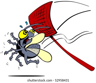 Cartoon Bug About To Be Squashed By A Fly Swatter.