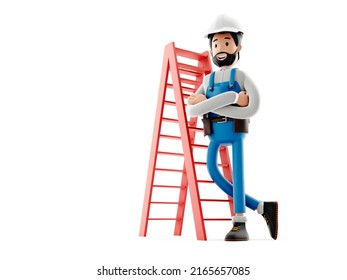 Cartoon builder character guy, funny worker or engineer with ladder, 3d Rendering - Powered by Shutterstock