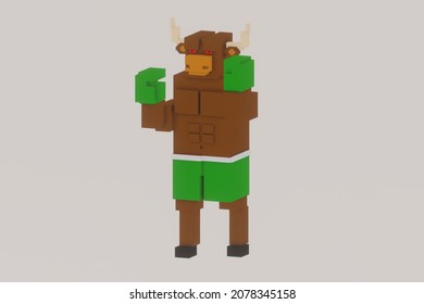 Cartoon bull wearing boxing gloves. 3D rendered voxel art illustration. Low poly design