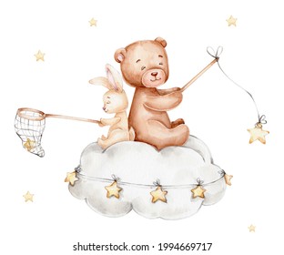 Cartoon bunny   teddy bear sitting the cloud; watercolor hand drawn illustration; and white isolated background