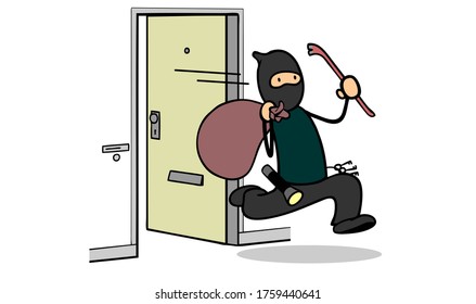 Cartoon burglar runs with booty after burglary from home