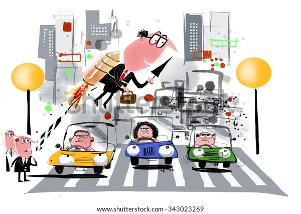 Cartoon of business executive using rocket\
backpack to cross crowded city street.\
