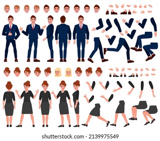 Cartoon Business People Constructor, Poses, Facial Expressions, Gestures. Business Characters Creation Elements  Illustration Set. Office People Constructor. Male And Female Employees