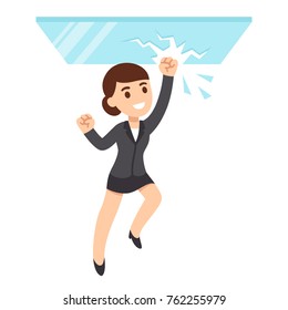 Cartoon Business Woman Breaking Glass Ceiling. Sexism Issues In Corporate Culture. Flat Style Illustration.