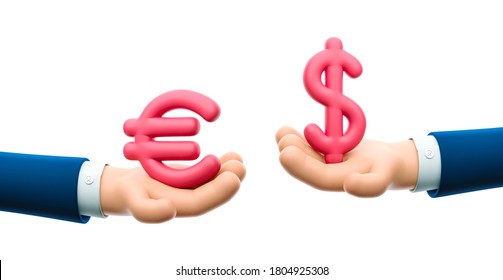 Cartoon Businessman Character Hand Hold Dollar And Euro Sign. Currency Exchange. 3d Illustration. 