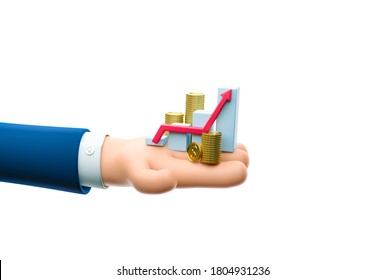 Cartoon businessman character hand hold a money grow concept. 3d illustration. 