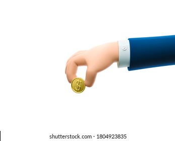 Cartoon businessman character hand holding a coin . 3d illustration. 