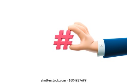 Cartoon businessman character hand holding a hashtag sign. 3d illustration. 