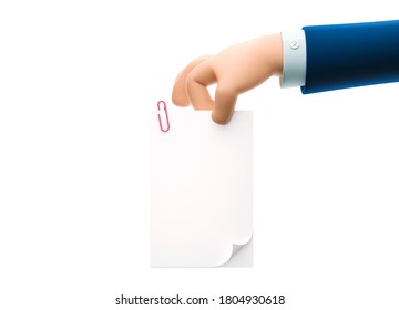 Cartoon Businessman Character Hand Holding Document. 3d Illustration. 