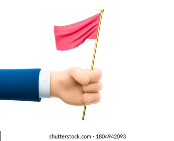 Cartoon Businessman Character Hand Holding Small Red Flag. 3d Illustration. 