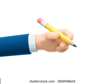 Cartoon businessman character hand holding a big yellow pencil. 3d illustration. 
