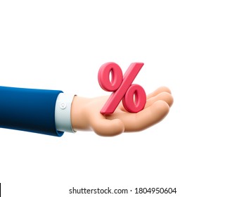 Cartoon Businessman Character Hand Holding A Percent Sign. 3d Illustration. 