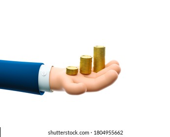 Cartoon businessman character hand holding a coin stacks. 3d illustration. 