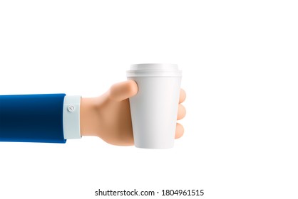 Cartoon businessman character hand holds paper cup with coffee. 3d illustration. 