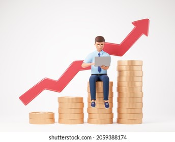 Cartoon Businessman With Laptop And Seats On Coins Stack Over White Background With Red Up Arrow. Stock Market Trading Concept. 3d Render Illustration.